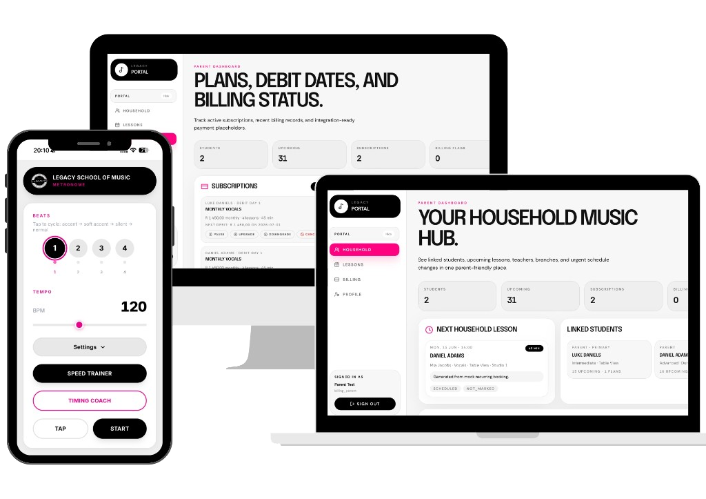 The Legacy Portal on MacBook, iMac, and iPhone — scheduling, billing, household dashboard, and practice tools